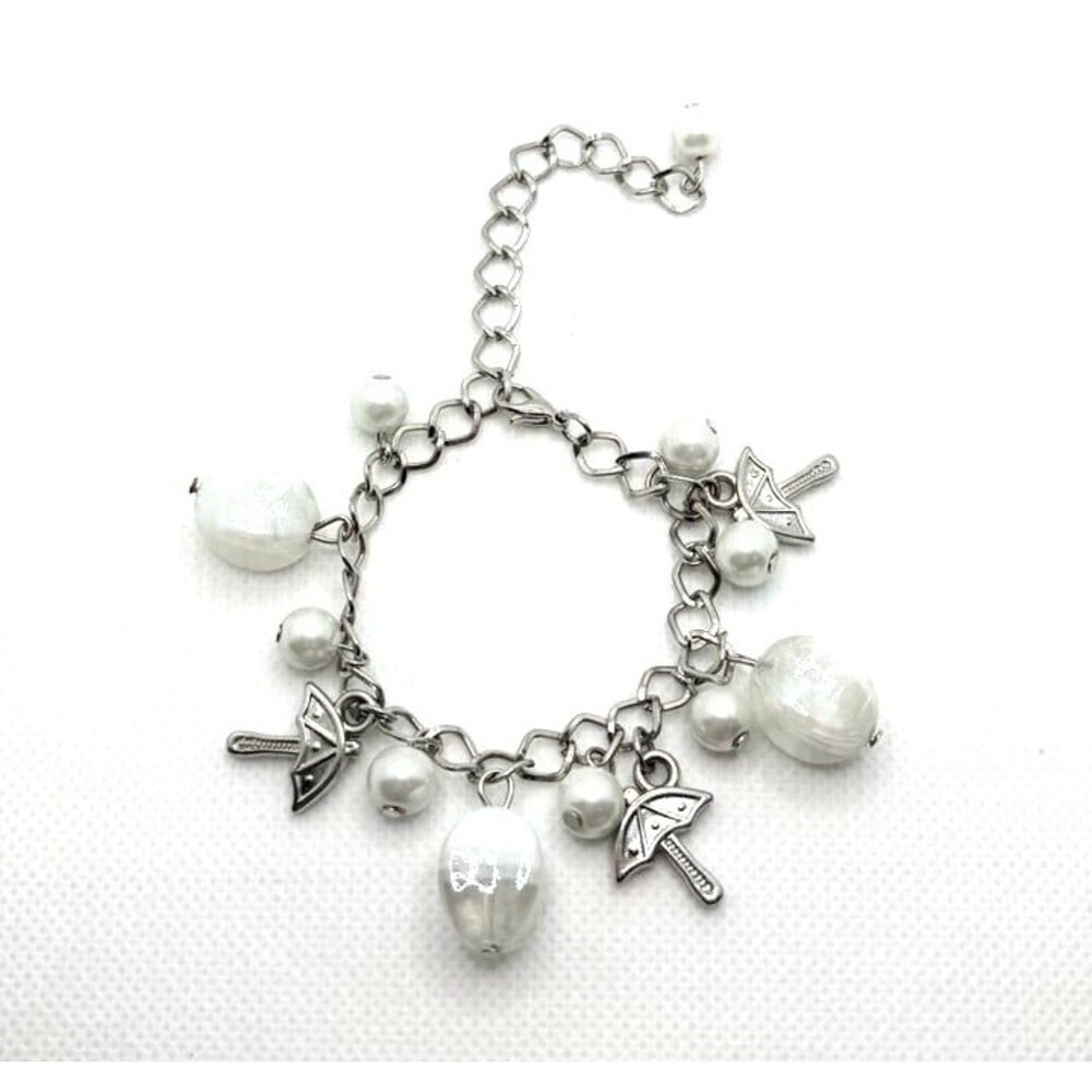 Silver-Tone Charm Bracelet with White Artist Glass Beads and Umbrella Charms